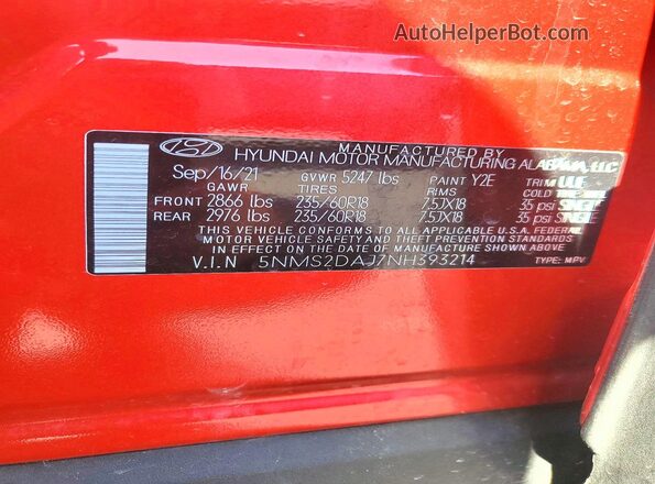 5NMS2DAJ7NH393214 2022 HYUNDAI SANTA Red VIN sticker view