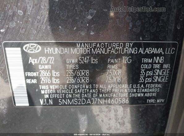 5NMS2DAJ7NH460586 2022 HYUNDAI SANTA FE Gray Շարժիչի բաժամունքի տեսք