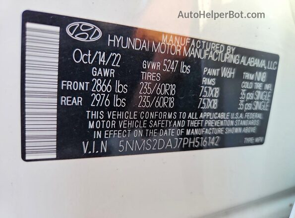 5NMS2DAJ7PH516142 2023 HYUNDAI SANTA White Vista de la etiqueta del VIN