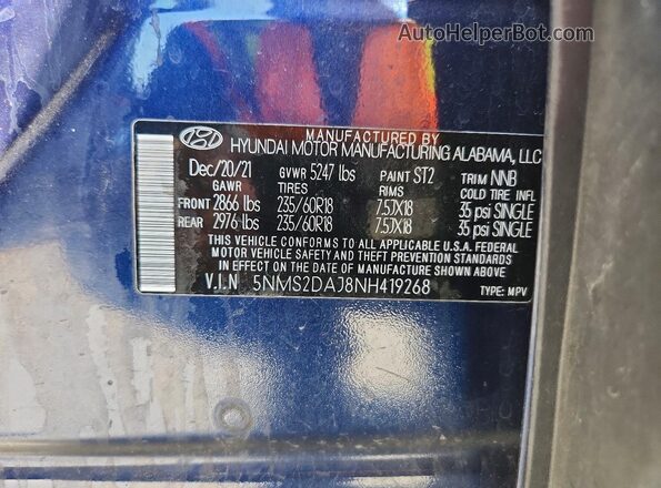 5NMS2DAJ8NH419268 2022 HYUNDAI SANTA Blue Вид наклейки з VIN-кодом