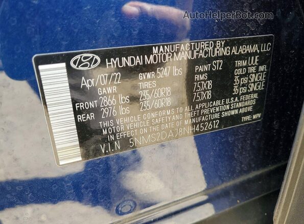 5NMS2DAJ8NH452612 2022 HYUNDAI SANTA Blue Widok naklejki z numerem VIN