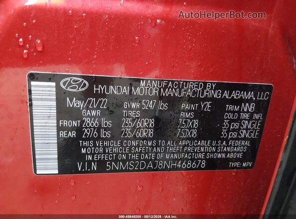 5NMS2DAJ8NH468678 2022 HYUNDAI SANTA FE Красный Вид подкапотного пространства