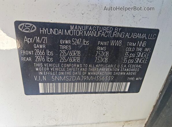 5NMS2DAJ9MH356339 2021 HYUNDAI SANTA White VIN sticker view