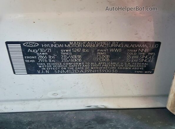 5NMS2DAJ9NH390038 2022 HYUNDAI SANTA White Вид наклейки з VIN-кодом