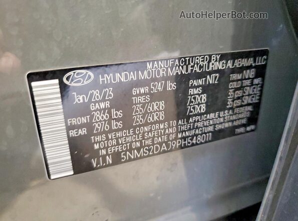 5NMS2DAJ9PH548011 2023 HYUNDAI SANTA Gray VIN კოდის სტიკერის ხედი