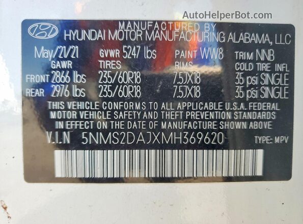 5NMS2DAJXMH369620 2021 HYUNDAI SANTA White VIN կոդի պիտակի տեսք