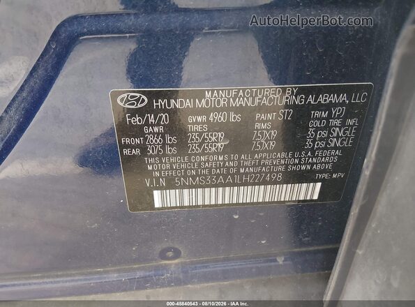 5NMS33AA1LH227498 2020 HYUNDAI SANTA FE Blue Engine compartment view