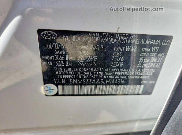 5NMS33AA3LH144316 2020 HYUNDAI SANTA White VIN կոդի պիտակի տեսք