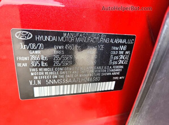 5NMS33AA7LH246380 2020 HYUNDAI SANTA Red VIN կոդի պիտակի տեսք