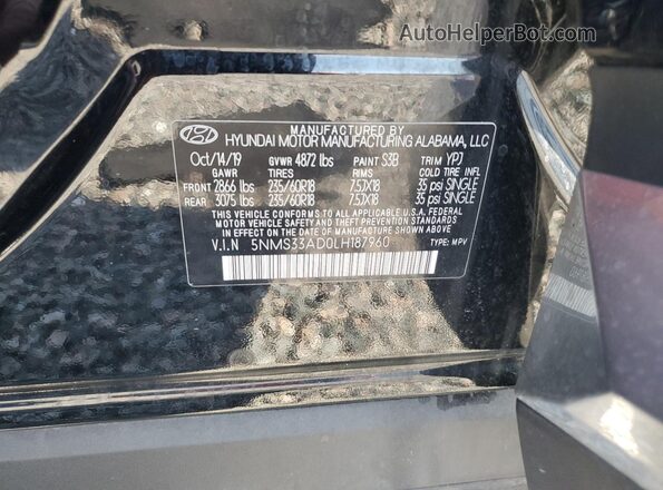 5NMS33AD0LH187960 2020 HYUNDAI SANTA Black Engine compartment view