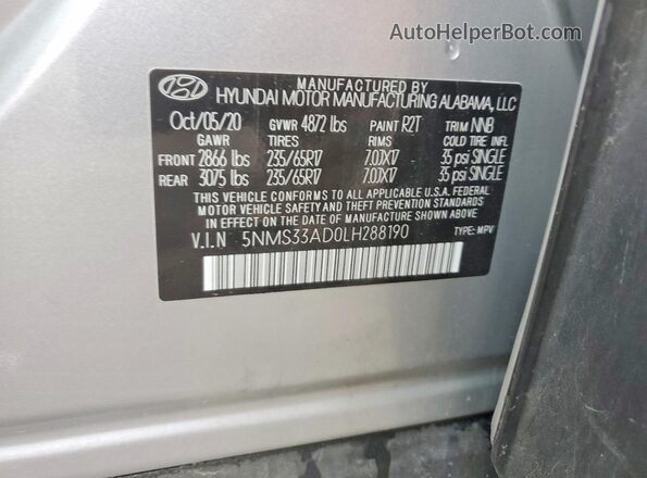 5NMS33AD0LH288190 2020 HYUNDAI SANTA Silver Vista de la etiqueta del VIN