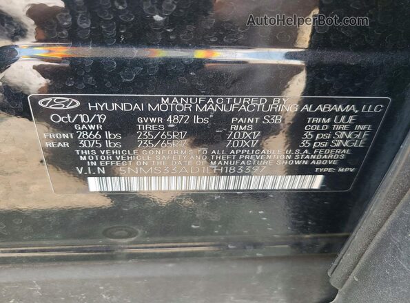 5NMS33AD1LH183397 2020 HYUNDAI SANTA Black Вид наклейки з VIN-кодом