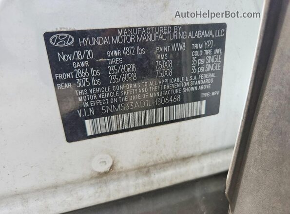 5NMS33AD1LH306468 2020 HYUNDAI SANTA White VIN sticker view