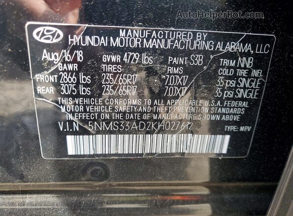 5NMS33AD2KH027612 2019 HYUNDAI SANTA Charcoal 360 interior view