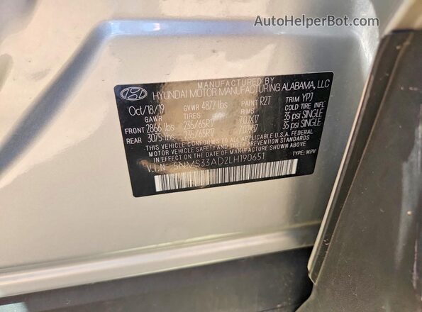 5NMS33AD2LH190651 2020 HYUNDAI SANTA Серебряный Вид подкапотного пространства
