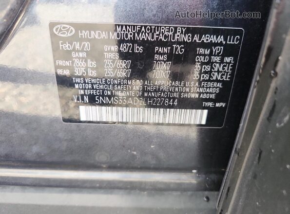 5NMS33AD2LH227844 2020 HYUNDAI SANTA Серый Вид наклейки с VIN-кодом