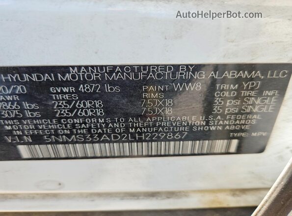 5NMS33AD2LH229867 2020 HYUNDAI SANTA White Widok naklejki z numerem VIN
