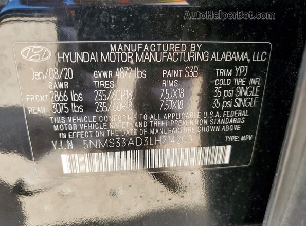 5NMS33AD3LH214200 2020 HYUNDAI SANTA Black Widok naklejki z numerem VIN