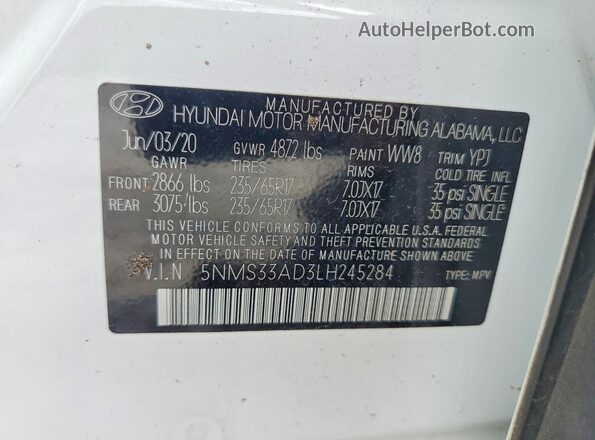 5NMS33AD3LH245284 2020 HYUNDAI SANTA White Vista de la etiqueta del VIN