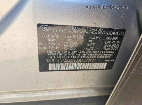 5NMS33AD3LH270900 2020 HYUNDAI SANTA Silver VIN კოდის სტიკერის ხედი