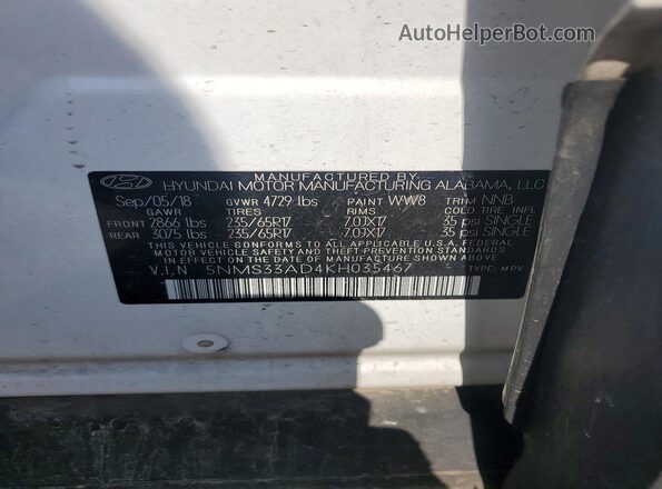 5NMS33AD4KH035467 2019 HYUNDAI SANTA White ძრავის განყოფილების ხედი