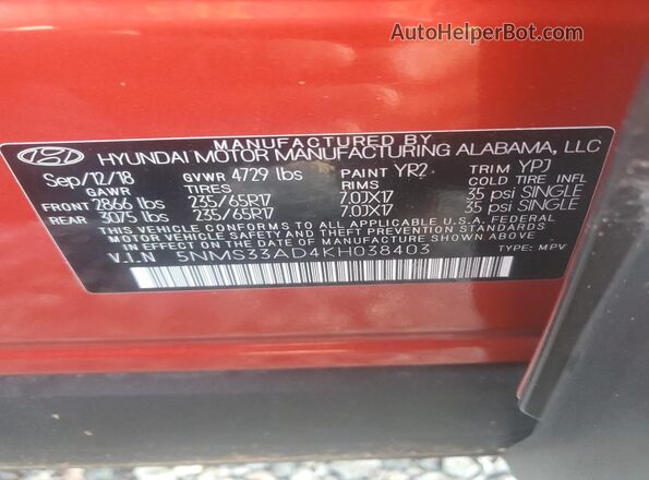 5NMS33AD4KH038403 2019 HYUNDAI SANTA Orange VIN sticker view