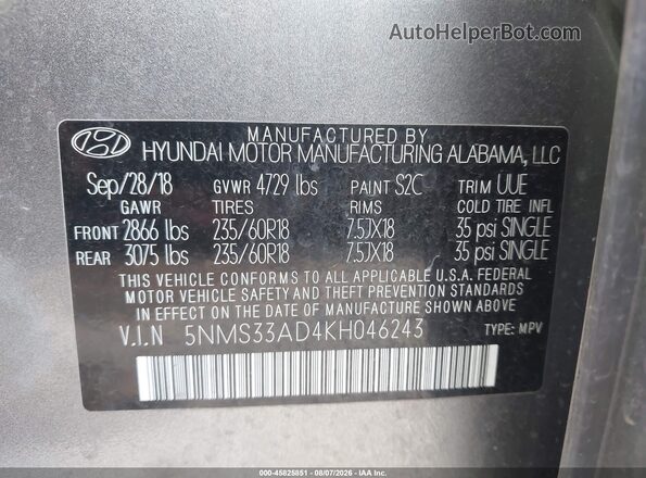 5NMS33AD4KH046243 2019 HYUNDAI SANTA FE Gray Շարժիչի բաժամունքի տեսք