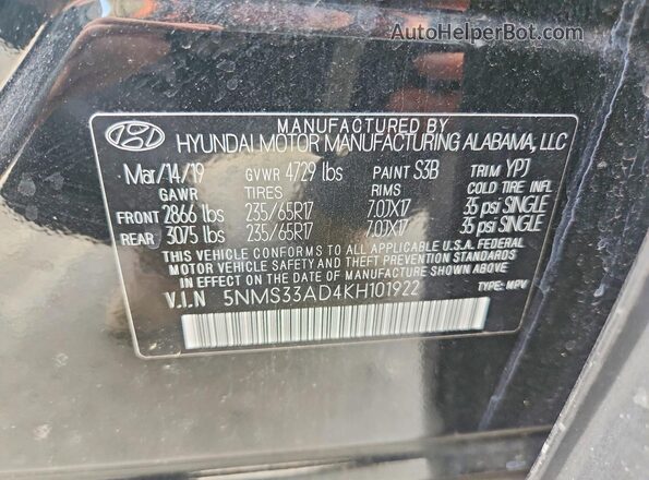 5NMS33AD4KH101922 2019 HYUNDAI SANTA Black VIN კოდის სტიკერის ხედი