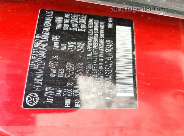 5NMS33AD4LH142469 2020 HYUNDAI SANTA Red VIN կոդի պիտակի տեսք
