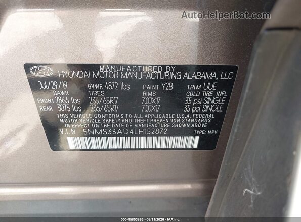 5NMS33AD4LH152872 2020 HYUNDAI SANTA FE Brown Widok komory silnika