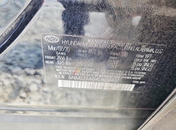 5NMS33AD4LH236822 2020 HYUNDAI SANTA Black VIN კოდის სტიკერის ხედი