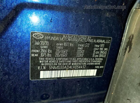 5NMS33AD4LH254432 2020 HYUNDAI SANTA Blue VIN sticker view