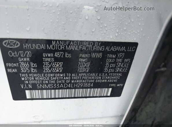 5NMS33AD4LH291884 2020 HYUNDAI SANTA FE White Vista del compartimento del motor