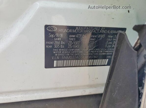 5NMS33AD5KH041780 2019 HYUNDAI SANTA White სალონის 360-გრადუსიანი ხედი
