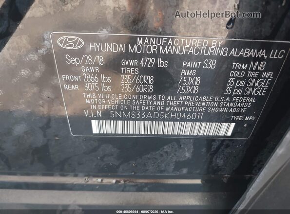 5NMS33AD5KH046011 2019 HYUNDAI SANTA FE Black ძრავის განყოფილების ხედი