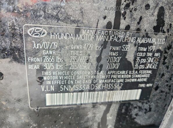 5NMS33AD5KH135562 2019 HYUNDAI SANTA Black VIN sticker view