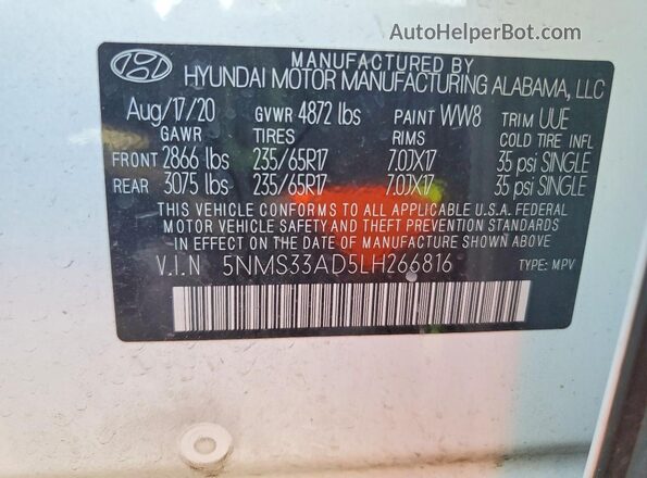 5NMS33AD5LH266816 2020 HYUNDAI SANTA White VIN sticker view
