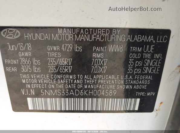 5NMS33AD6KH004589 2019 HYUNDAI SANTA FE White Շարժիչի բաժամունքի տեսք