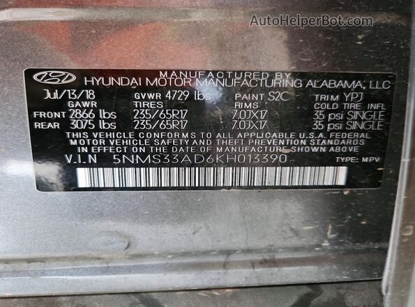 5NMS33AD6KH013390 2019 HYUNDAI SANTA Gray Вид підкапотного простору