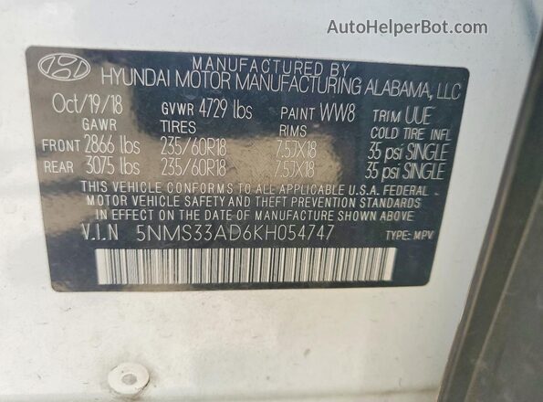 5NMS33AD6KH054747 2019 HYUNDAI SANTA Белый Вид подкапотного пространства