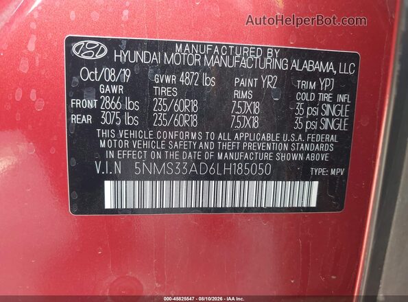 5NMS33AD6LH185050 2020 HYUNDAI SANTA FE Red Շարժիչի բաժամունքի տեսք