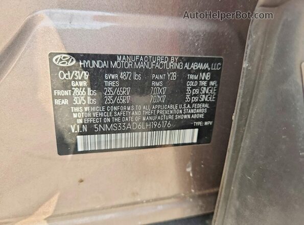 5NMS33AD6LH196176 2020 HYUNDAI SANTA Gold VIN sticker view