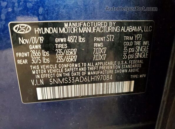 5NMS33AD6LH197084 2020 HYUNDAI SANTA Blue Widok naklejki z numerem VIN