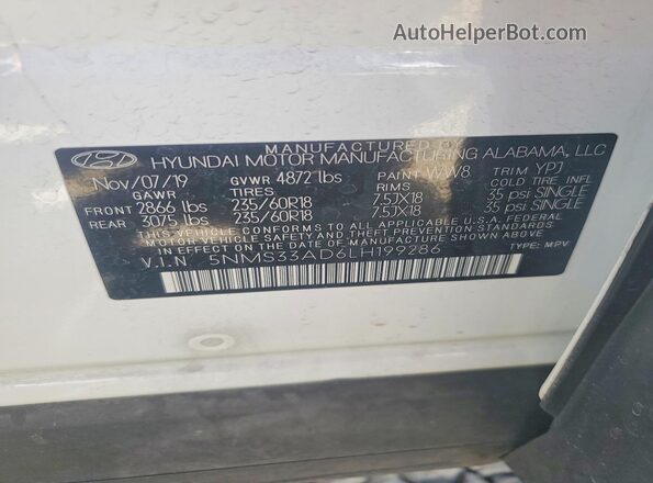 5NMS33AD6LH199286 2020 HYUNDAI SANTA White Vista interior de 360 grados