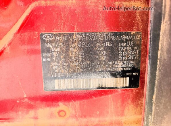 5NMS33AD7KH121176 2019 HYUNDAI SANTA Red VIN კოდის სტიკერის ხედი