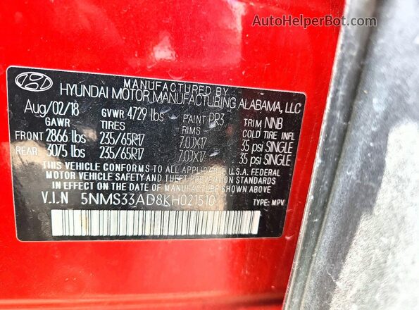 5NMS33AD8KH021510 2019 HYUNDAI SANTA Red Vista interior de 360 grados