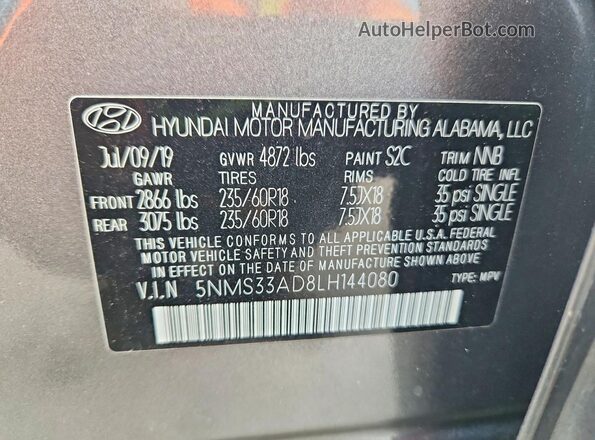 5NMS33AD8LH144080 2020 HYUNDAI SANTA Gray VIN կոդի պիտակի տեսք