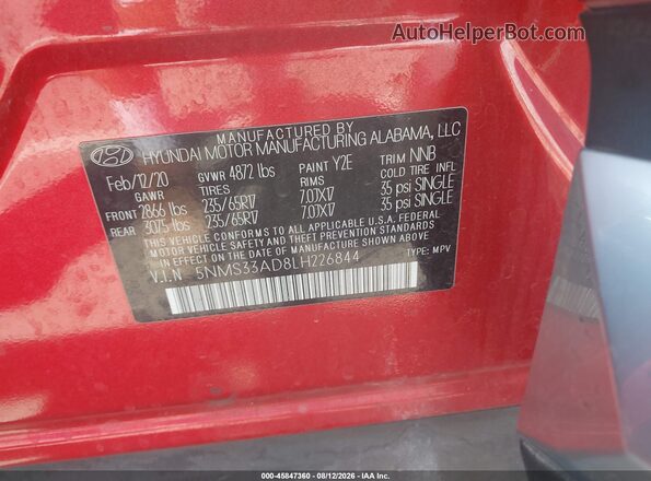 5NMS33AD8LH226844 2020 HYUNDAI SANTA FE Red Engine compartment view
