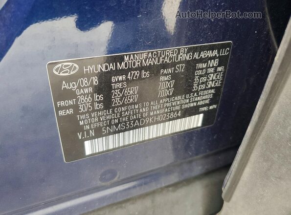 5NMS33AD9KH023864 2019 HYUNDAI SANTA Blue Widok naklejki z numerem VIN