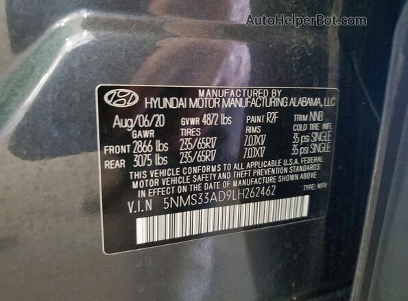 5NMS33AD9LH262462 2020 HYUNDAI SANTA Gray Widok naklejki z numerem VIN